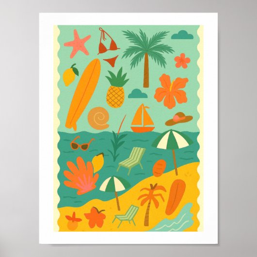 Retro Tropisch Strandcollage Surfen Vakantie Poster (Voorkant)