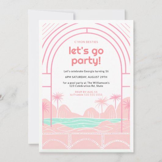 Retro Tropische 16e poolfeest Verjaardag Kaart (Voorkant)