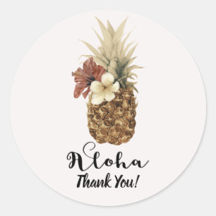 Retro Tropische Ananas Hibiscus Bloemige Bruiloft Ronde Sticker