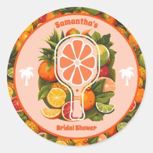 Retro Tropische Citrus Pickleball Bruidsfeestje Ronde Sticker