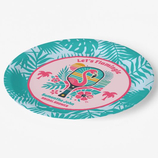 Retro Tropische Flamingo Pickleball Bruidsdouche Papieren Bordje (Gekanteld)