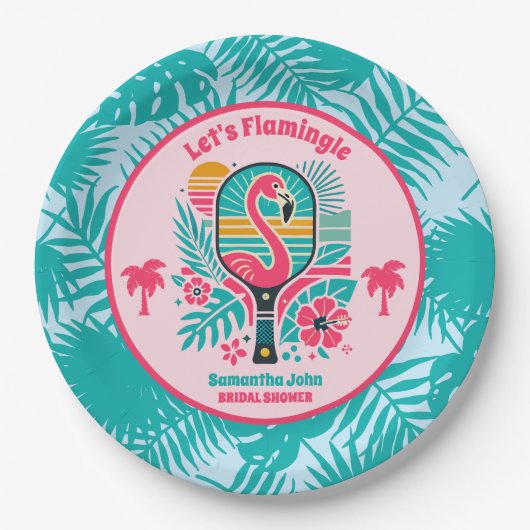 Retro Tropische Flamingo Pickleball Bruidsdouche Papieren Bordje (Voorkant)