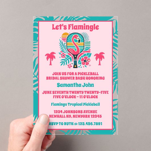 Retro Tropische Flamingo Pickleball Bruidsmeisjesf Acryl Uitnodigingen (Insitu (Draagbaar))