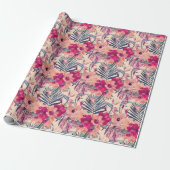 Retro Tropische Hibiscus Winterkoning Pattern Cadeaupapier (Uitgerold)