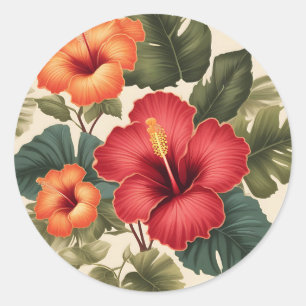 Retro tropische hibiscusbloemen ronde sticker