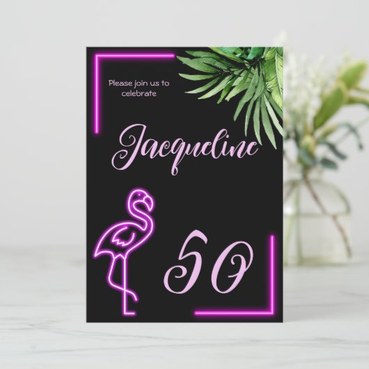 Retro tropische neonroze flamingo 50e verjaardag kaart (Staand voorkant)