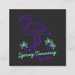Retro tropische paarse flamingo palmbomen lineart vierkante visitekaartje
