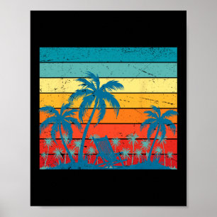 Retro tropische palmbomen en zonsondergang strand poster