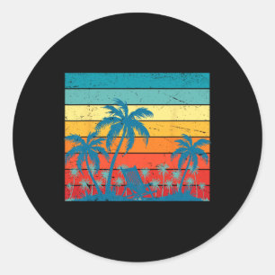 Retro tropische palmbomen en zonsondergang strand ronde sticker