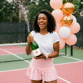 Retro Tropische Palmboom Pickleball Bruidsdouche Sparkling Wijnetiket