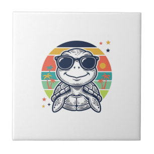 Retro Tropische Schildpad Zonnebril Strand Shirt_1 Tegeltje
