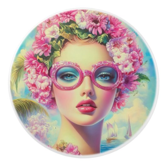 Retro tropische schoonheid keramische knop (Voorkant)