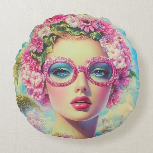 Retro tropische schoonheid rond kussen (Voorkant)