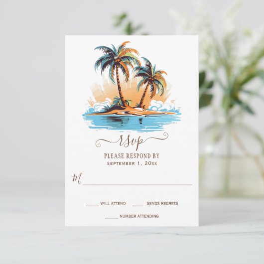 Retro Tropische Strand Bestemming Bruiloft RSVP Kaartje (Staand voorkant)