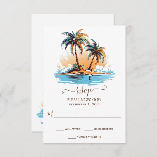 Retro Tropische Strand Bestemming Bruiloft RSVP Kaartje (Voorkant / Achterkant)