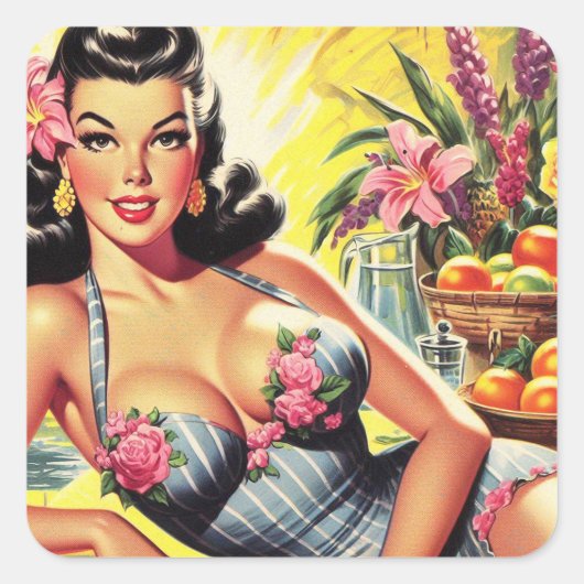 Retro Tropische Zomer Pin Up Vierkante Sticker (Voorkant)