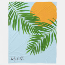 Retro Tropische Zon Palmbladeren Blauwe Minimaal N