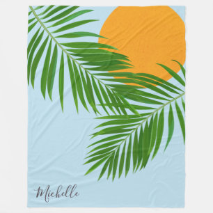 Retro Tropische Zon Palmbladeren Blauwe Minimaal N Fleece Deken