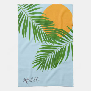 Retro Tropische Zon Palmbladeren Blauwe Minimaal N Theedoek
