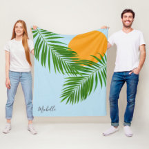 Retro Tropische Zon Palmbladeren Blauwe Minimalist