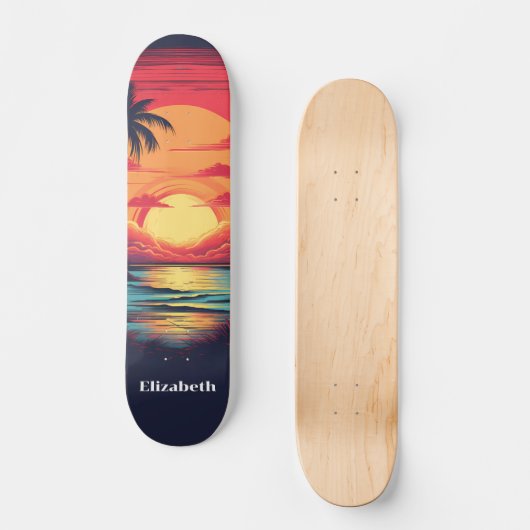 Retro  Tropische Zonsondergang Aangepaste Naam Persoonlijk Skateboard (Voorkant)