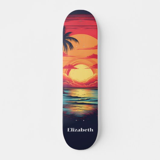 Retro  Tropische Zonsondergang Aangepaste Naam Persoonlijk Skateboard (Voorkant)