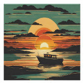 Retro Tropische Zonsondergang met Boot en Zwarte W Perfect Poster (Voorkant)