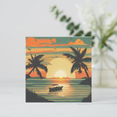 Retro tropische zonsondergang met boot kaart (Staand voorkant)