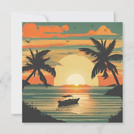 Retro tropische zonsondergang met boot kaart (Voorkant)