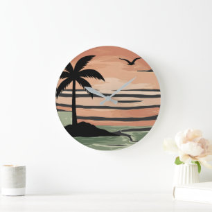 Retro Tropische Zonsondergang Palmboom Ontwerp   R Grote Klok