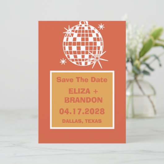 Retro Trouwfoto Disco Ball 70's Save the Date Kaart (Staand voorkant)