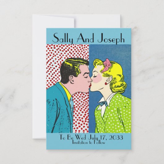 Retro trouwkaart Save the Date, Pop art 50's Date (Voorkant)
