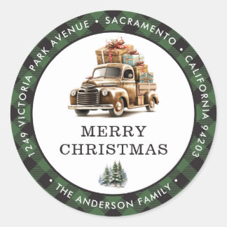 Retro Truck Green Christmas Retour Adreslabels Ronde Sticker