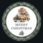 Retro Truck Green Christmas Retour Adreslabels Ronde Sticker<br><div class="desc">Creëer mooie kerstretour adreslabels met een oude truck in een groene buffalo plaid lijst. Personaliseer deze groene geruite kerstlabels eenvoudig met jouw naam en adres</div>
