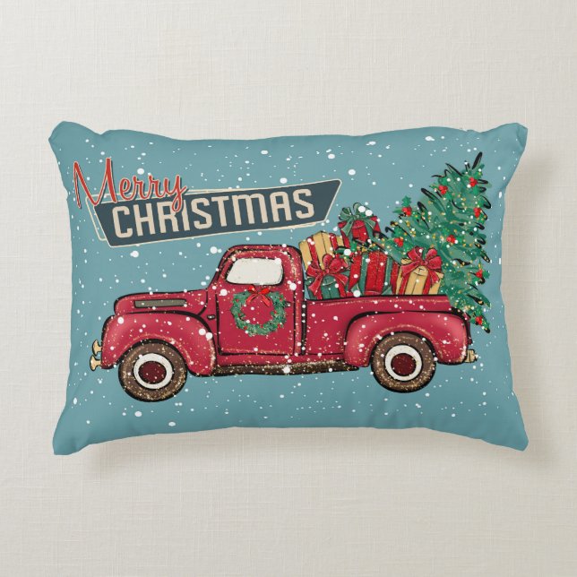 Retro  Truck Merry KerstHappy Nieuwjaar Accent Kussen (Voorkant)
