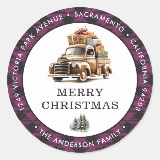 Retro Truck Paarse Merry Christmas Retour Adres Ronde Sticker