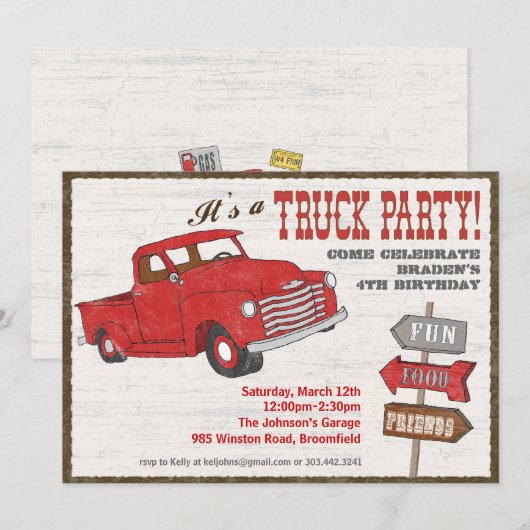 Retro Truck Party-uitnodiging Kaart (Voorkant / Achterkant)