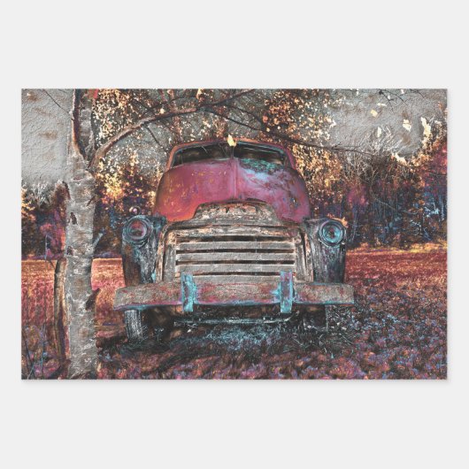 Retro Truck  Red Oranje Yellow Rustige Herfst Inpakpapier Vel (Voorkant 2)