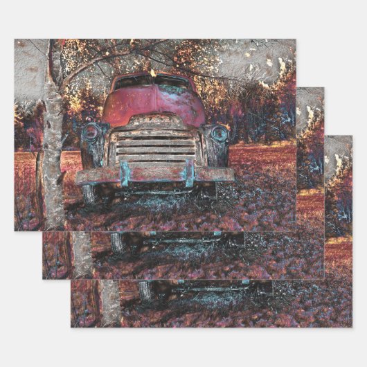 Retro Truck  Red Oranje Yellow Rustige Herfst Inpakpapier Vel (Set)