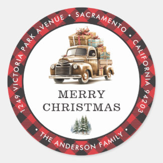 Retro Truck Vrolijk Kerstfeest Retour Adreslabels Ronde Sticker