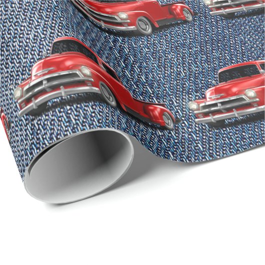 Retro Trucks op Blue Jean Denim Cadeaupapier (Rol Hoek)