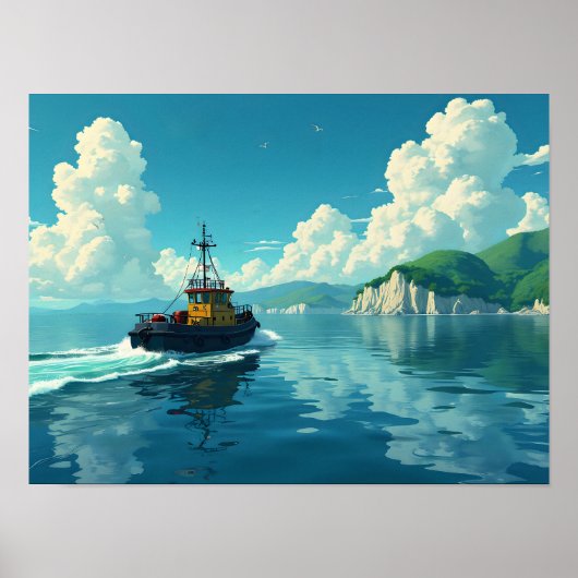 Retro Tugboat Nautical Coastal Landscape Scenic Poster (Voorkant)