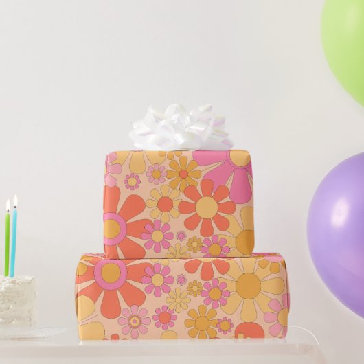 Retro Tuin 60s 70s  Bloemen Strepen Roze Cadeaupapier (Feestgeschenken)