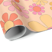 Retro Tuin 60s 70s  Bloemen Strepen Roze Cadeaupapier (Rol Hoek)