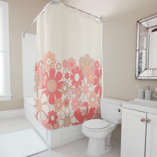 Retro Tuin Bloem Manchet Roze Peach 60s Pastel Douchegordijn (In situ)