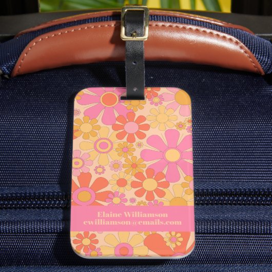Retro Tuin Bloemen 60s 70s Bloemen Patroon Roze Bagagelabel (Voorkant Insitu 2)