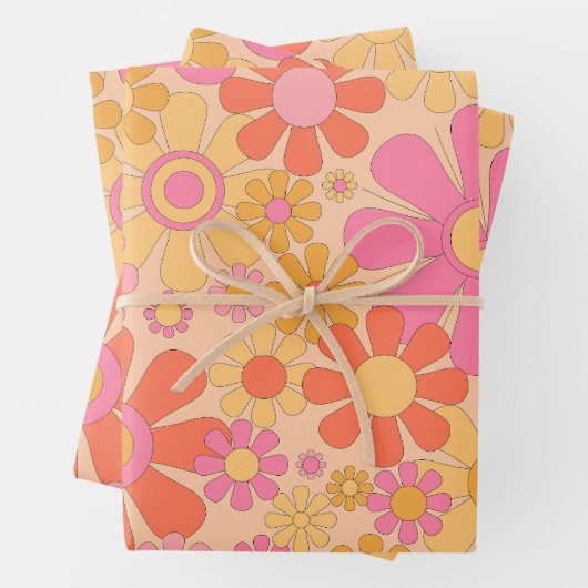 Retro Tuin Bloemen 60s 70s Bloemen Patroon Roze Inpakpapier Vel (In situ)