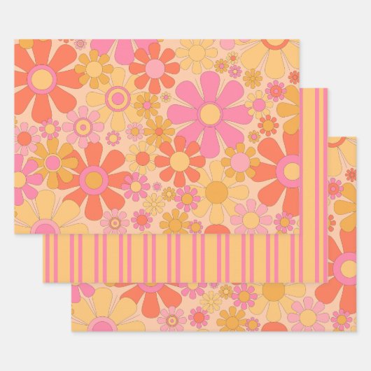 Retro Tuin Bloemen 60s 70s Bloemen Patroon Roze Inpakpapier Vel (Set)