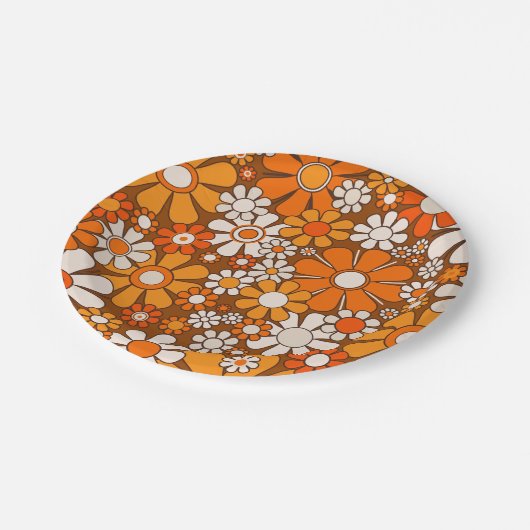 Retro Tuin Bloemen 60s 70s Patroon Bruin & Sinaasa Papieren Bordje (Gekanteld)