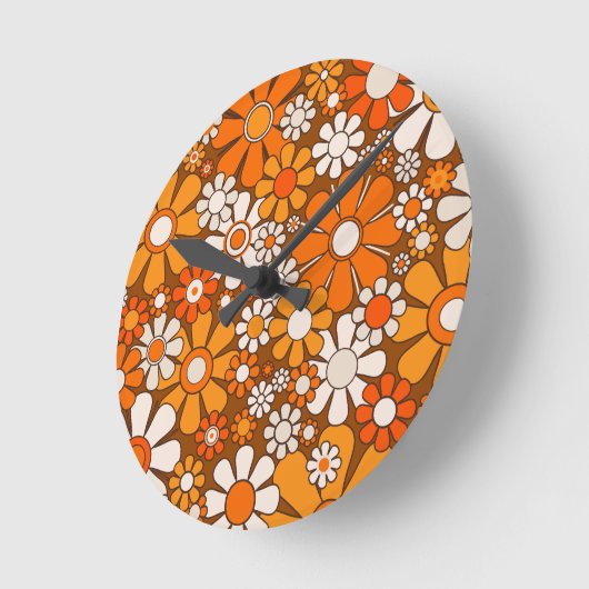 Retro Tuin Bloemen 60s 70s Patroon Bruin & Sinaasa Ronde Klok (Hoek)